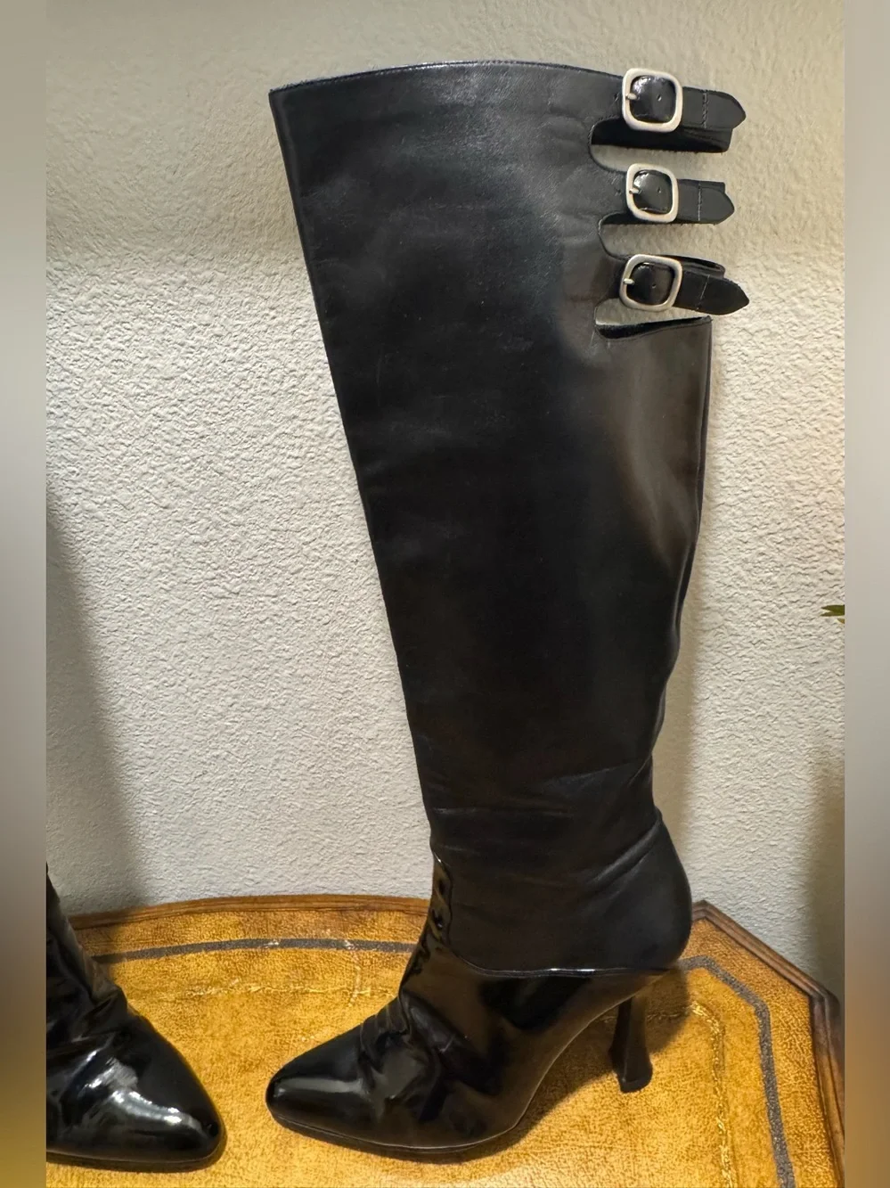 Casadei Black Knee High Leather Boots with Buckle Straps Made in Italy Size 10
